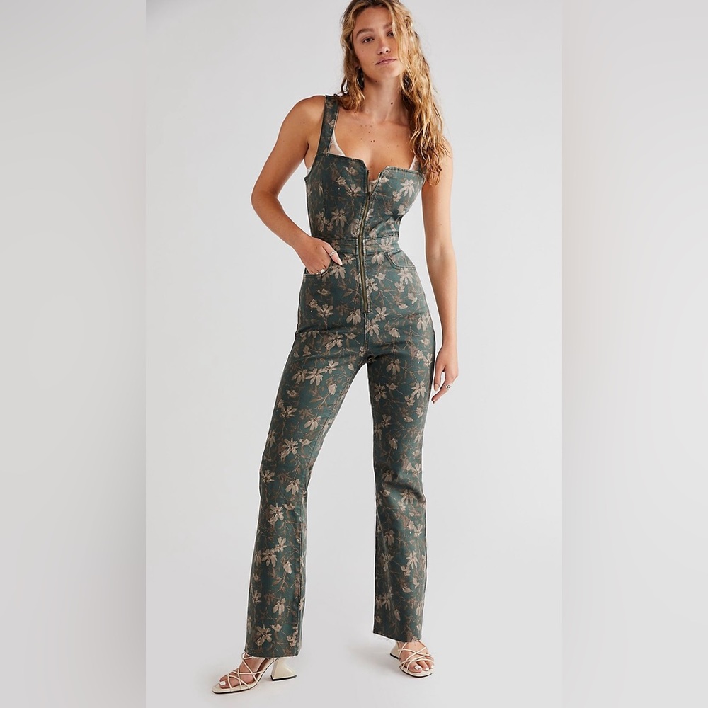 Free People CRVY Printed One Piece Denim Jumpsuit Hunter Green Spruce
